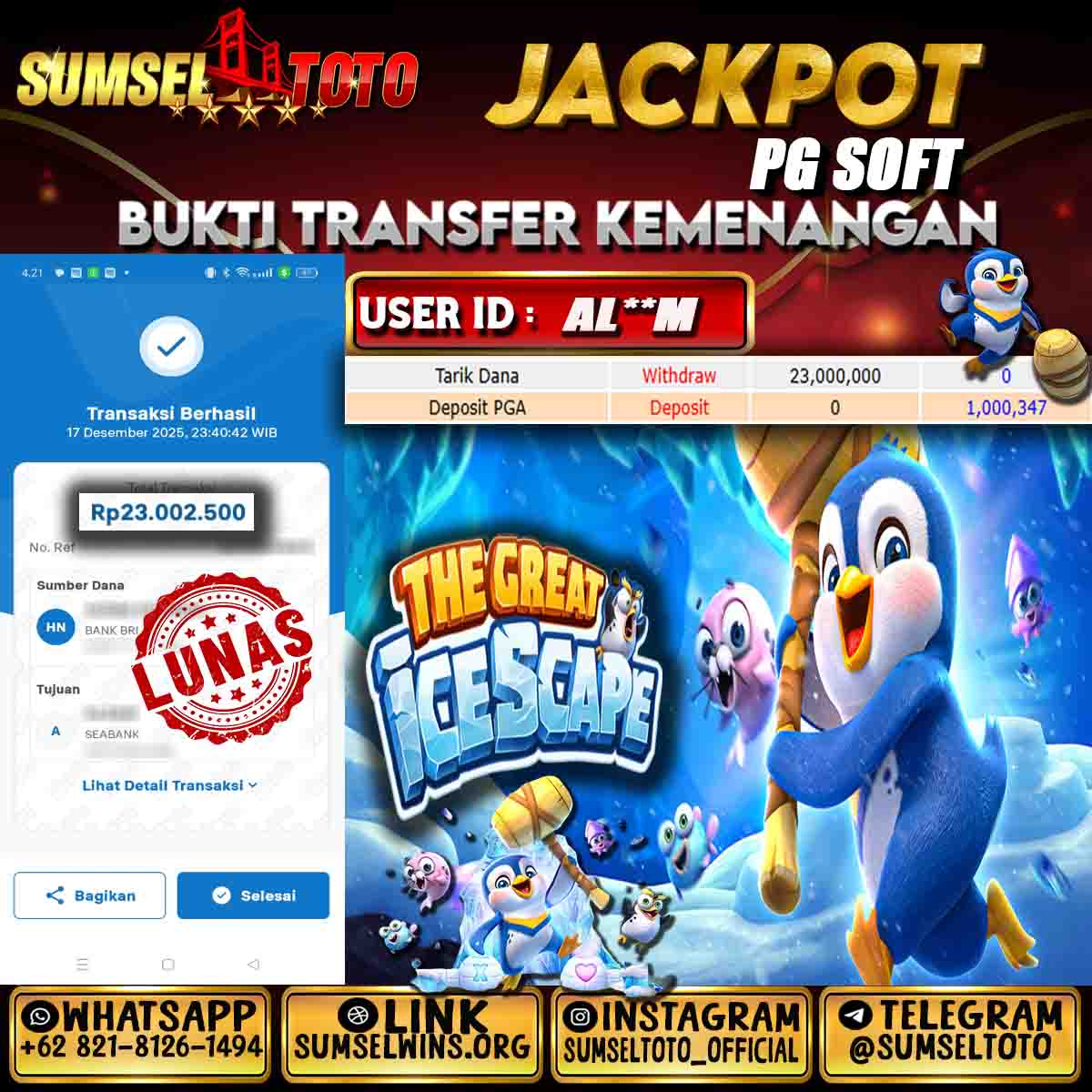 SUMSELTOTO JACKPOT SLOT THE GREAT ICESPACE Rp.23,002,500.,- LUNAS